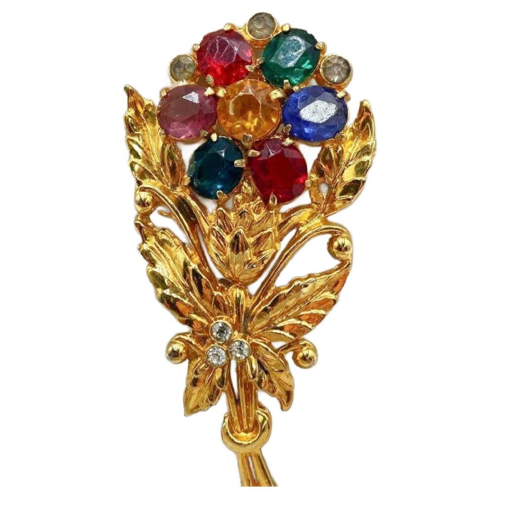 Vintage Gold Plated Crystal Fruit Salad Spray Brooch, 4" Tall